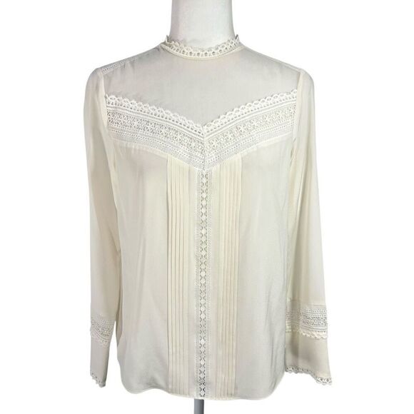Rebecca Taylor Long Sleeve Sheer Yoke Small Cream Silk Blend Blouse Size 4 - Picture 2 of 14